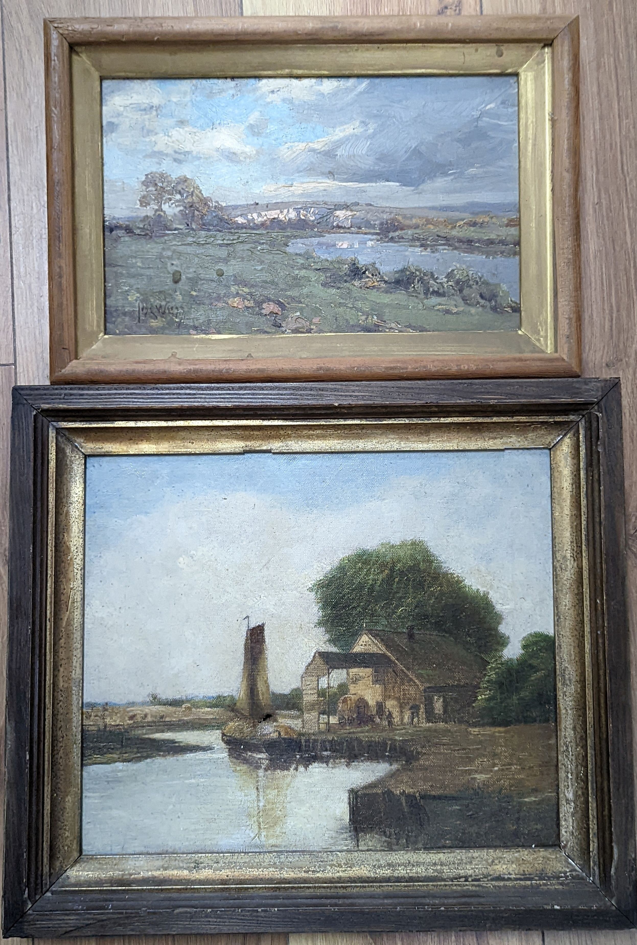 José Weiss (1859-1919), oil on wooden panel, Landscape near Lewes, signed, 16 x 27cm and a small oil river landscape by another hand, 25 x 29cm